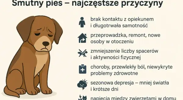 Smutny szczeniak w nowym domu, z opuszczonymi uszami i smutną miną, siedzi obok listy przyczyn psiego smutku.