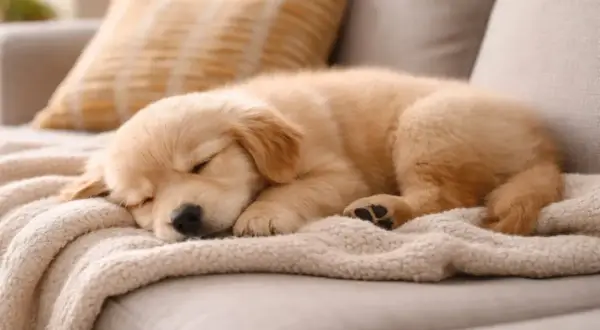 Słodki szczeniak golden retriever śpi na kanapie, czasem cicho piszczy przez sen, marząc o zabawach.