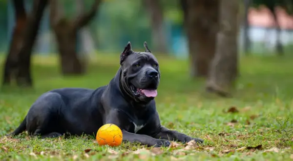 Potężny cane corso z człowiekiem w tle odpoczywa na trawie obok pomarańczowej piłki.