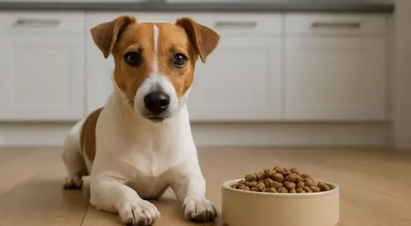 Jack Russell leży obok miski pełnej karmy monobiałkowej, czekając na posiłek.