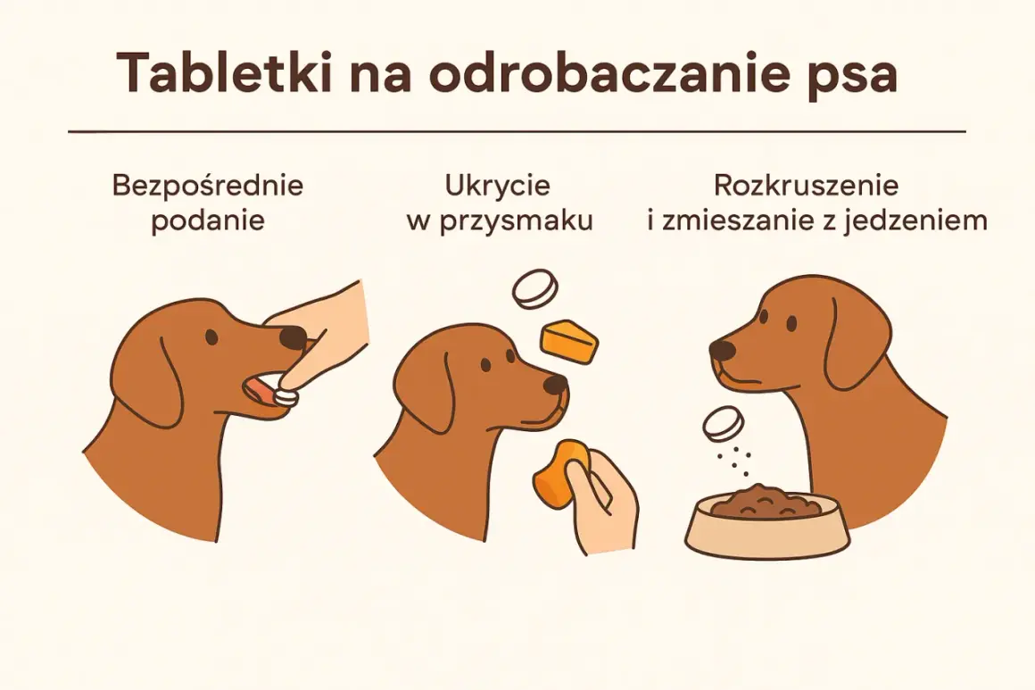 Jak szybko działa tabletka na robaki dla psa? Trzy sposoby podania: bezpośrednio, w przysmaku, lub rozkruszona z jedzeniem.