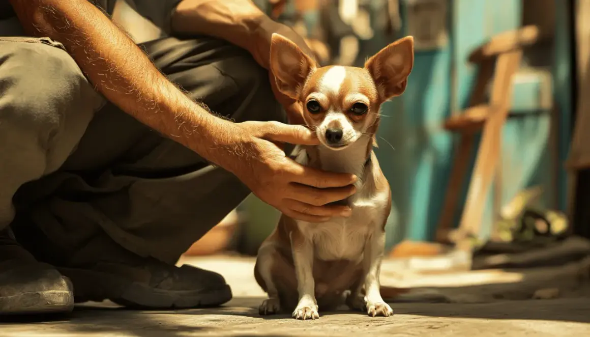 Mała, wściekła chihuahua z wielkimi uszami siedzi na ziemi, podczas gdy mężczyzna delikatnie głaszcze ją po głowie.