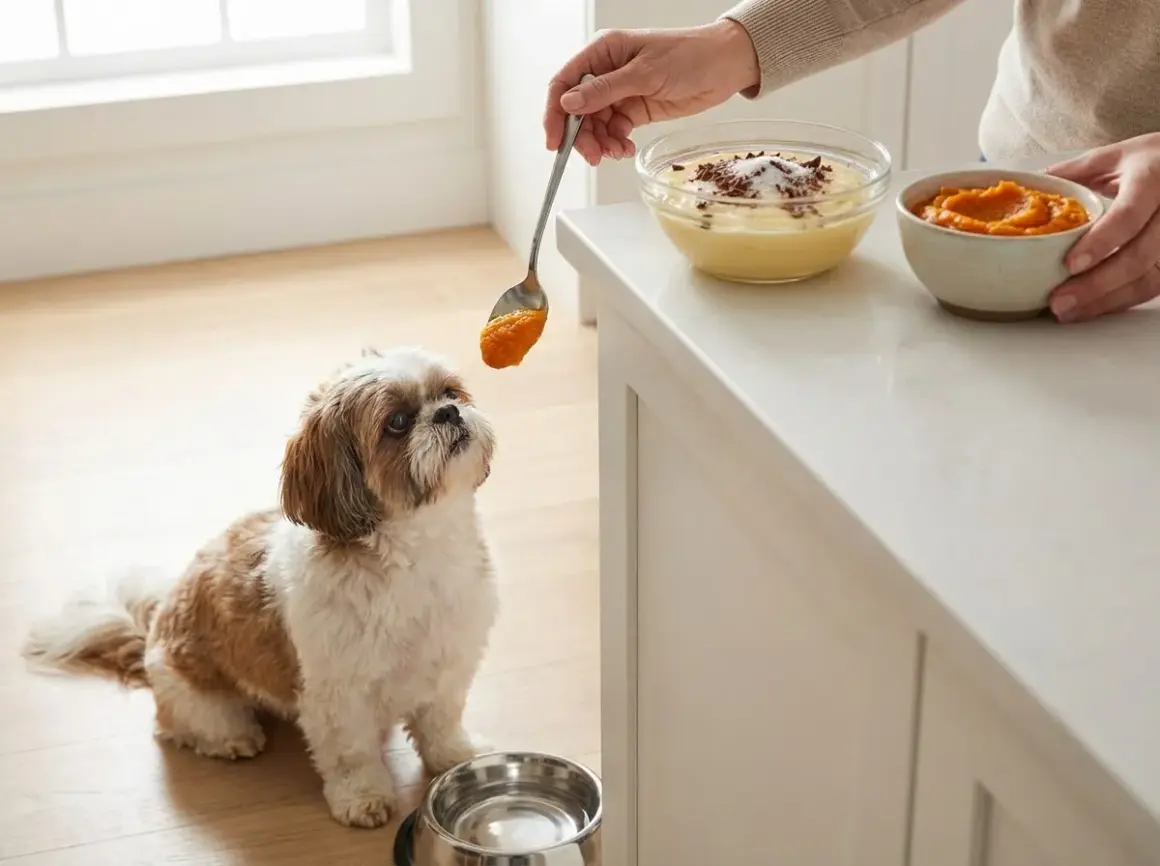 Czy pies może jeść budyń? Mały piesek Shih Tzu z zaciekawieniem patrzy na łyżkę z pomarańczowym puree, podczas gdy obok stoi miska z budyniem.