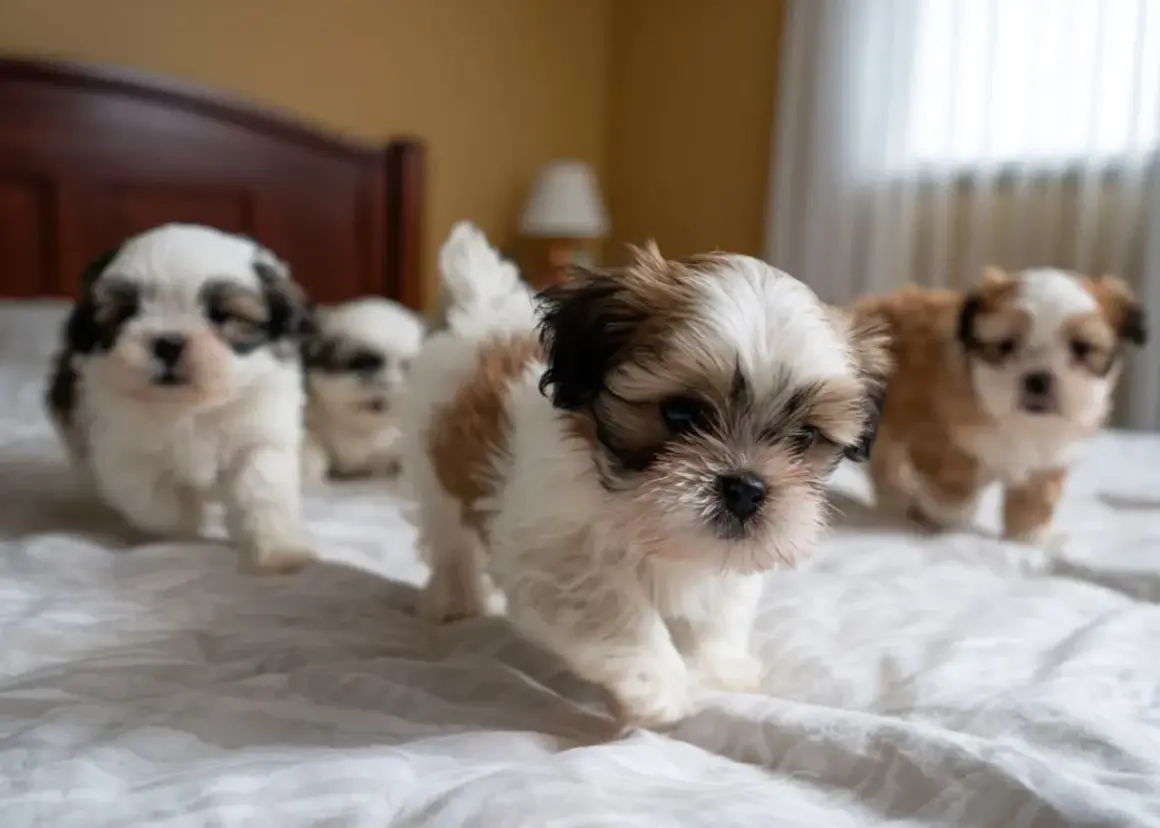 Urocze szczenięta Shih Tzu, idealne do wyboru imiona. Wesoła gromadka na białym tle.