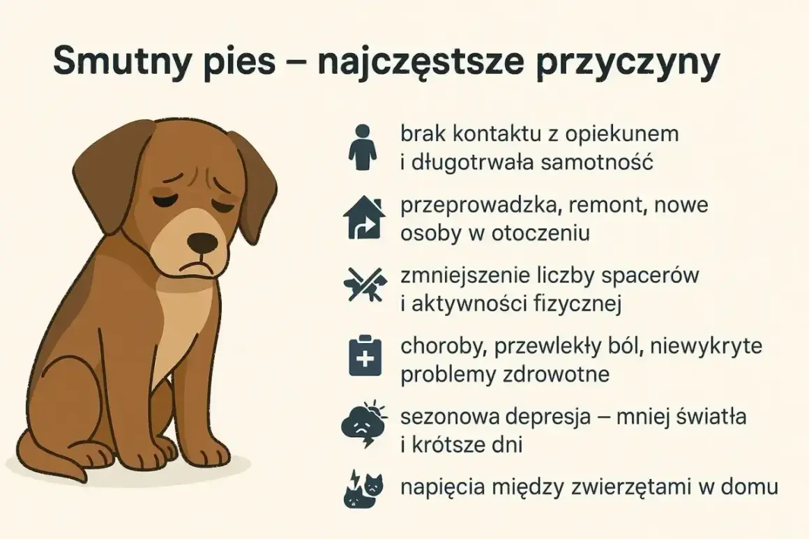 Smutny szczeniak w nowym domu, z opuszczonymi uszami i smutną miną, siedzi obok listy przyczyn psiego smutku.