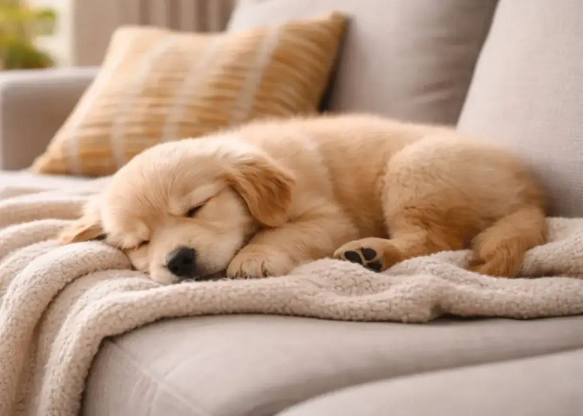 Słodki szczeniak golden retriever śpi na kanapie, czasem cicho piszczy przez sen, marząc o zabawach.