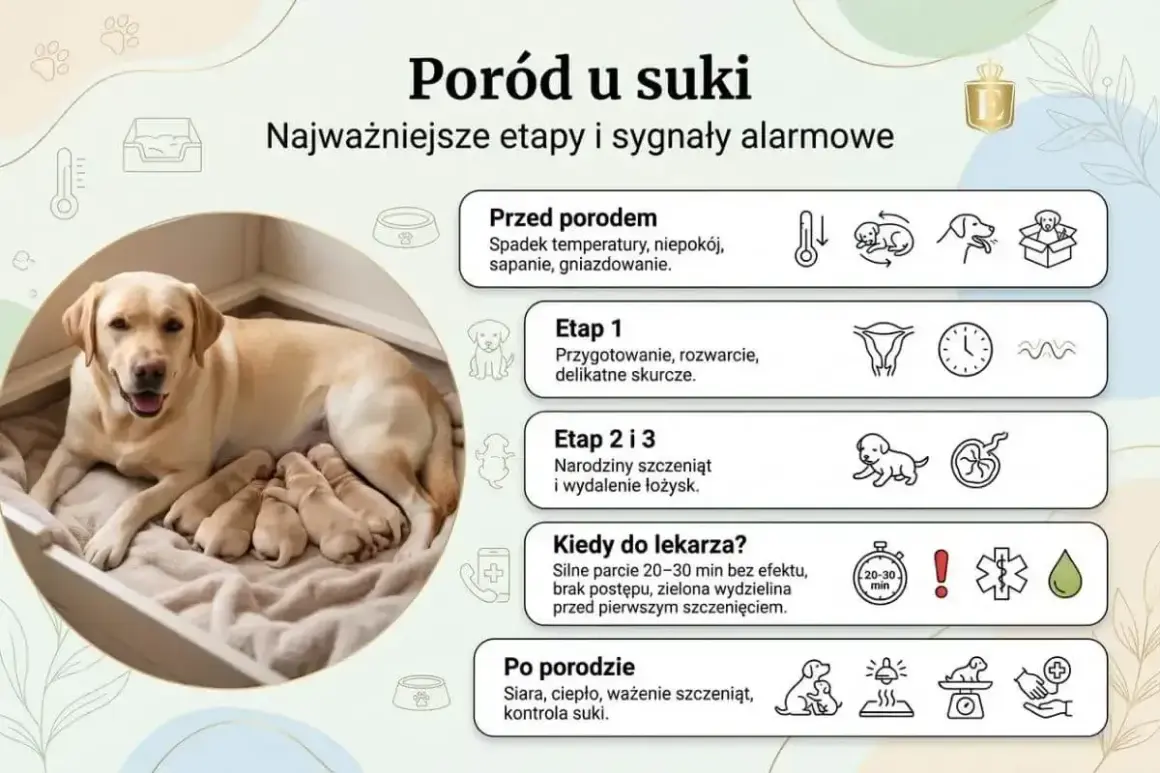 Szczęśliwa suka labrador z kilkoma nowo narodzonymi szczeniętami, ilustrująca etapy ciąży i porodu u suki.