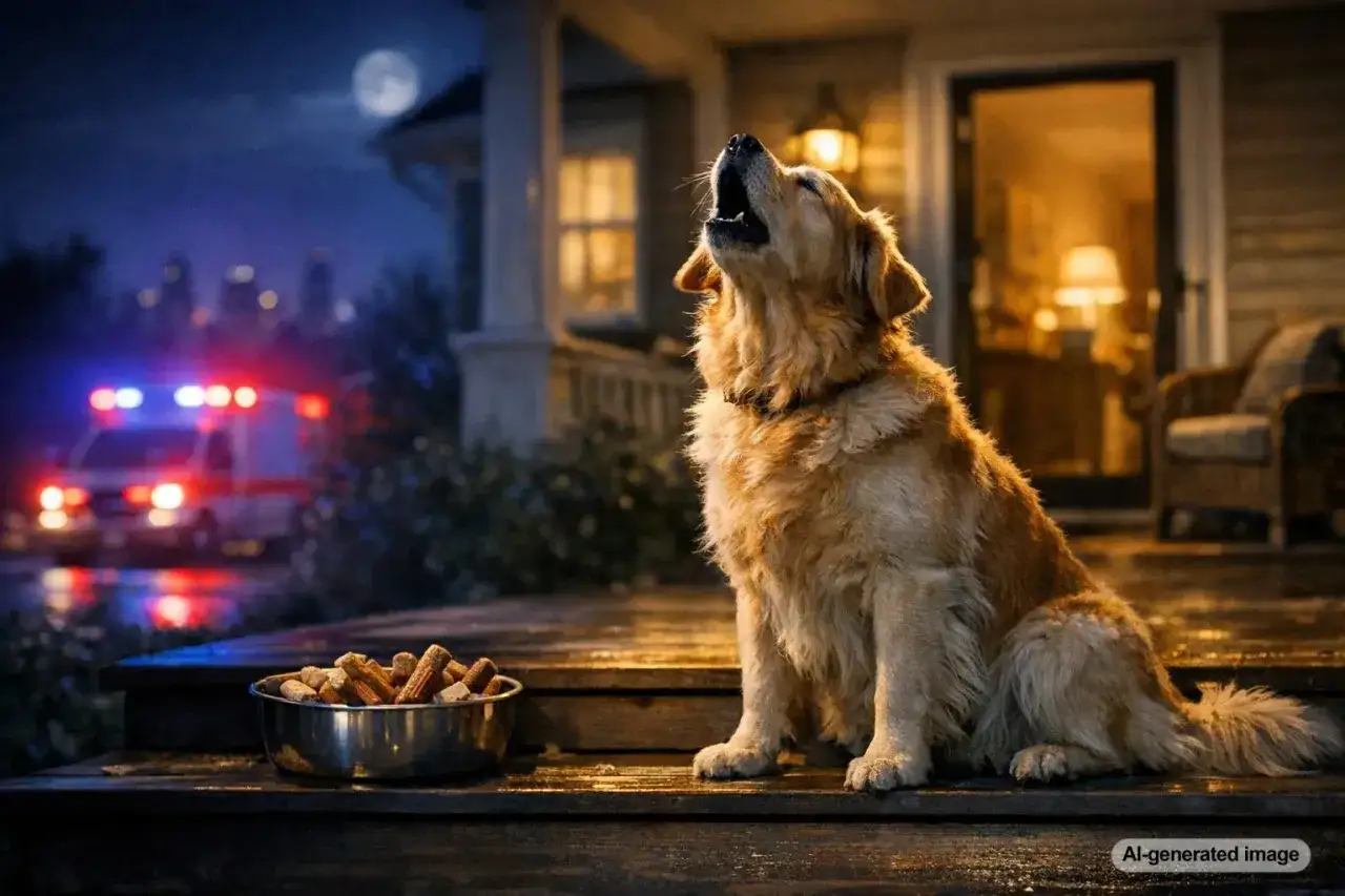 Golden retriever wyje do syreny karetki na tle nocnego miasta. Może to wyjaśnia, dlaczego psy wyją do syreny.