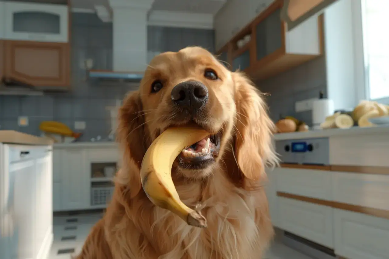 Złoty retriever z bananem w pysku. Czy pies może banana? Ten słodziak udowadnia, że tak!