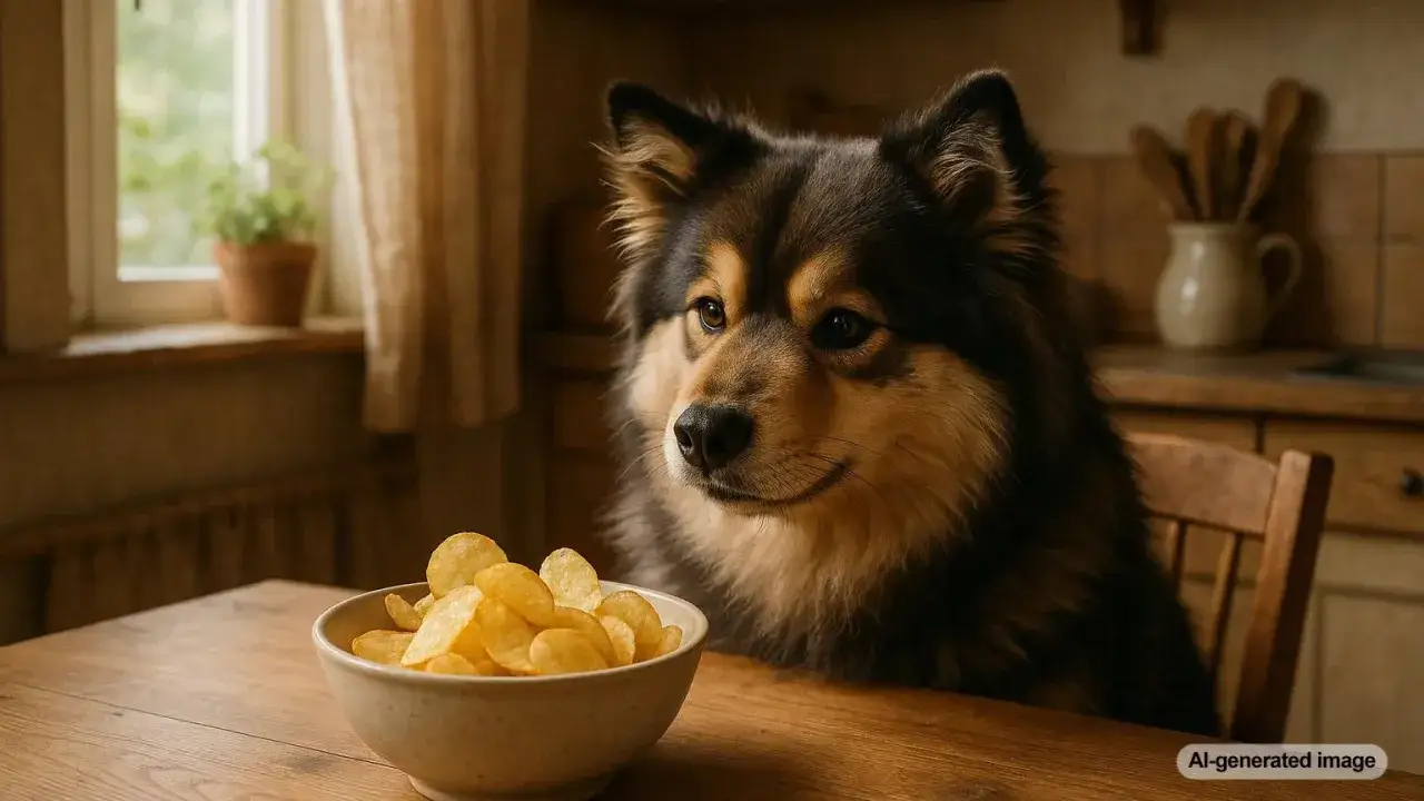 Pies siedzi przy stole, wpatrując się w miskę chipsów. Czy pies może jeść chipsy? To pytanie nurtuje wielu właścicieli czworonogów.