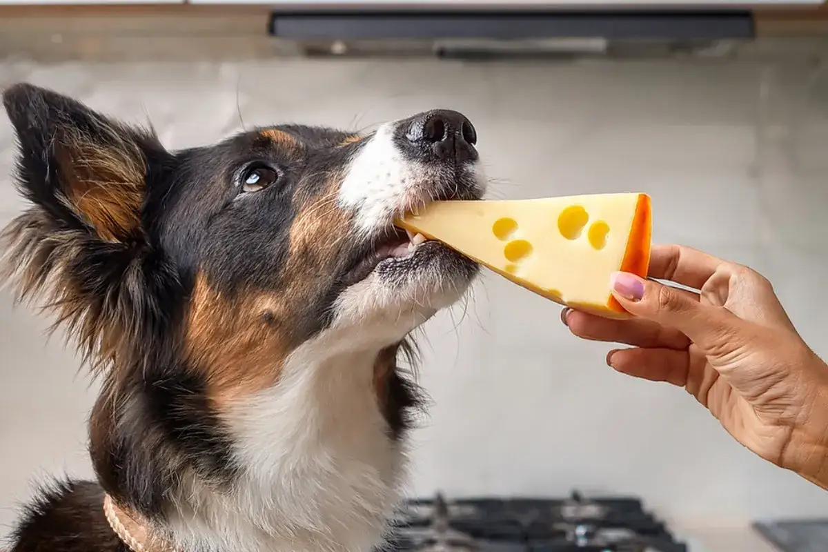 Czy pies może jeść ser camembert? Ten piesek zjada kawałek żółtego sera z dziurkami, który trzyma ludzka ręka.