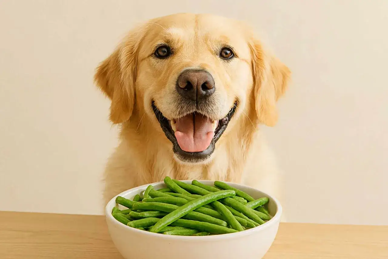 Uśmiechnięty golden retriever patrzy na miskę fasolki szparagowej, zastanawiając się, czy psy mogą jeść fasolkę szparagową.
