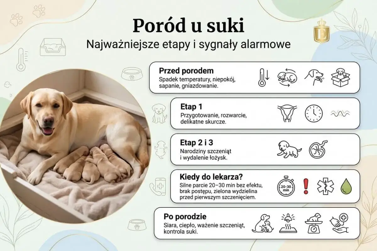 Szczęśliwa suczka labrador z licznym potomstwem. Obrazek ilustruje etapy porodu u suki, od przygotowań do opieki nad szczeniętami.