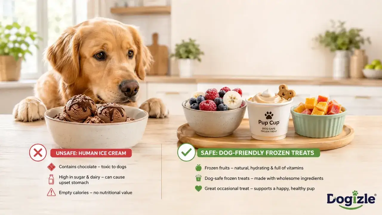 Golden retriever patrzy na miskę lodów czekoladowych, podczas gdy obok są bezpieczne dla psów mrożone przysmaki. Czy psy mogą jeść lody? Tylko te specjalne!