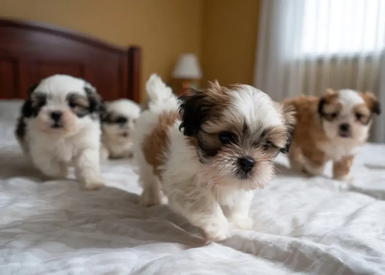 Urocze szczenięta Shih Tzu, idealne do wyboru imiona. Wesoła gromadka na białym posłaniu.