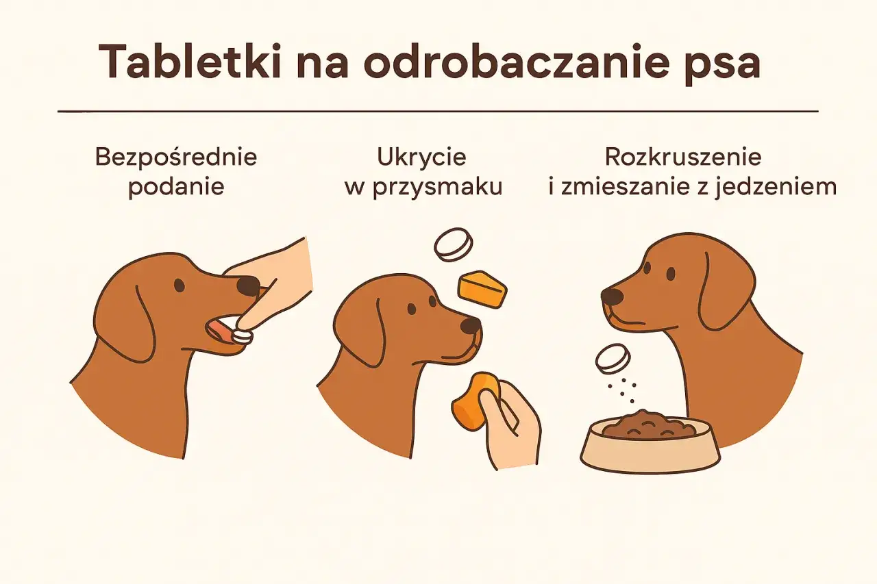 Jak szybko działa tabletka na robaki dla psa? Trzy sposoby podania: bezpośrednio, w przysmaku, lub rozkruszona z jedzeniem.