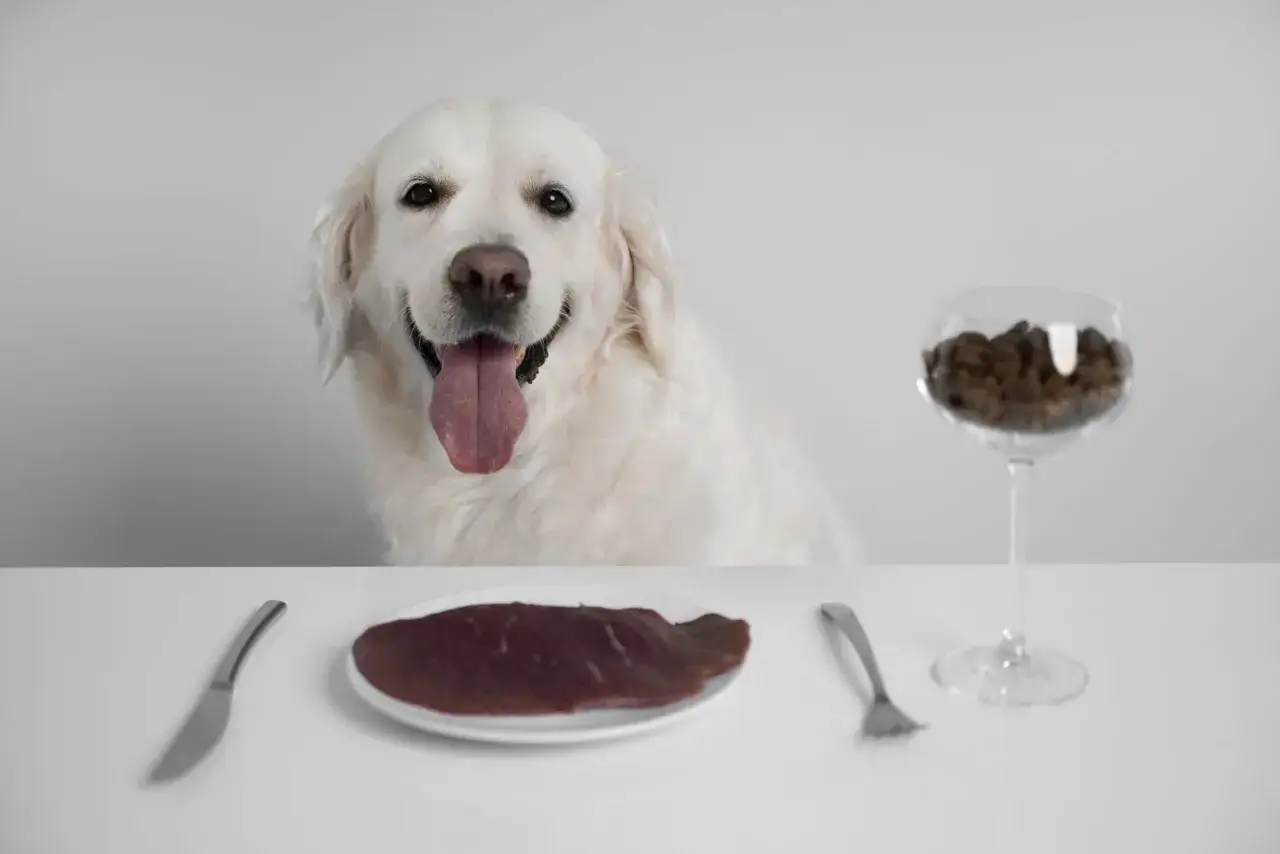 Uśmiechnięty golden retriever patrzy na talerz z surowym mięsem, zastanawiając się, jakie surowe mięso dla psa będzie najlepsze. Obok stoi kieliszek z karmą.