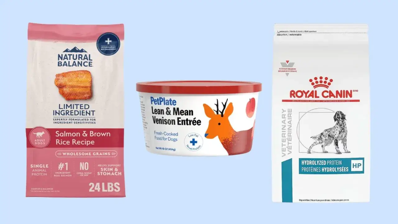 Karma dla psa z alergią skórną: Natural Balance Salmon & Rice, PetPlate Venison, Royal Canin Hydrolyzed Protein.