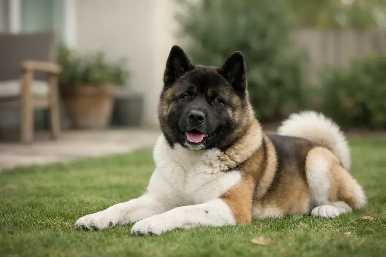 Piękny pies rasy Akita Inu, który może żyć nawet 10-15 lat, leży na trawie.