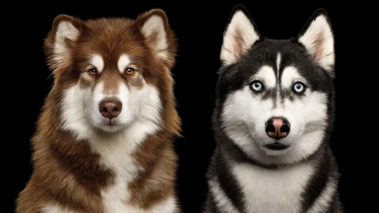 Dwa psy husky, jeden rudy z brązowymi oczami, drugi czarno-biały z niebieskimi oczami, patrzą prosto przed siebie.