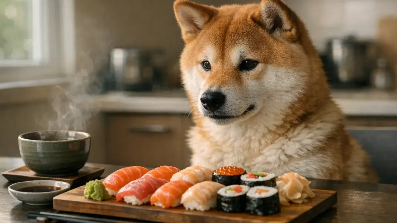 Shiba Inu wpatruje się w talerz sushi, zastanawiając się, czy pies może jeść sushi. Na stole paruje herbata.