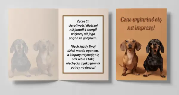 Dwa jamniki, jeden rudy, drugi czarny, na kartce z życzeniami dla psa. "Czas wyturlać się na imprezę!