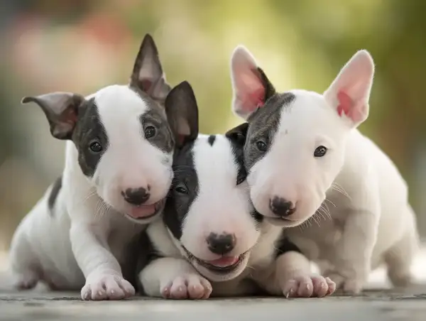 Trzy urocze szczenięta bull terrier, które mimo opinii o groźnych rasach psów, wyglądają na bardzo przyjazne i rozbrykane.